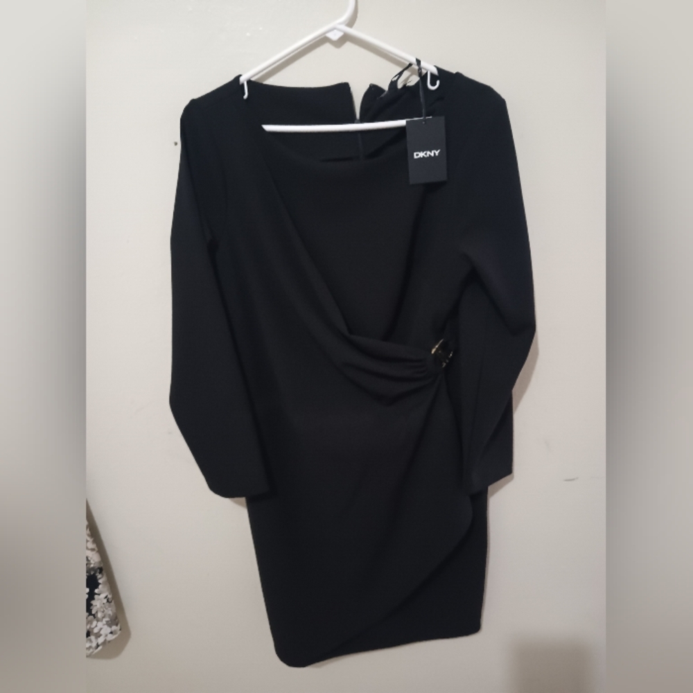 DKNY Black Long-Sleeve Wrap Detail Sheath Dress
